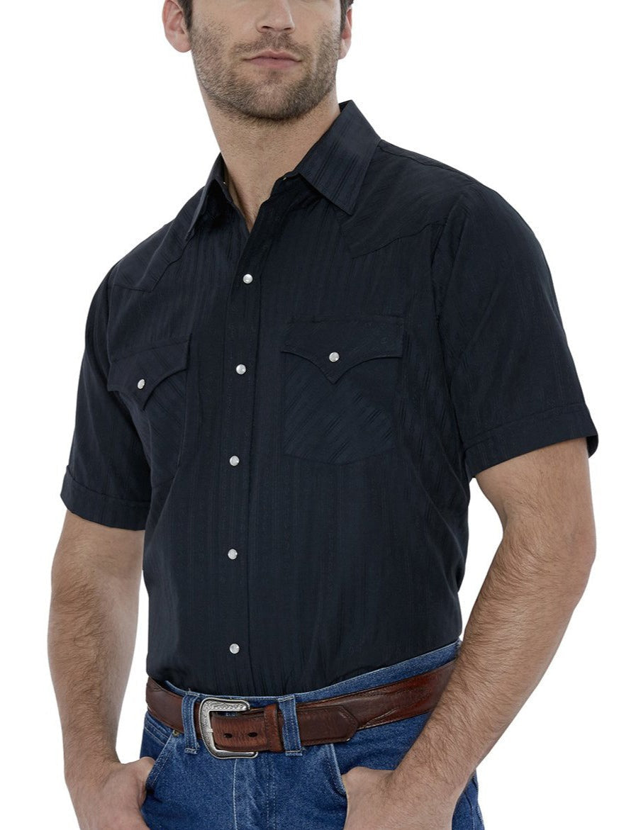 Men's Ely and Walker Short Sleeve Tone on Tone Black Snap Shirt